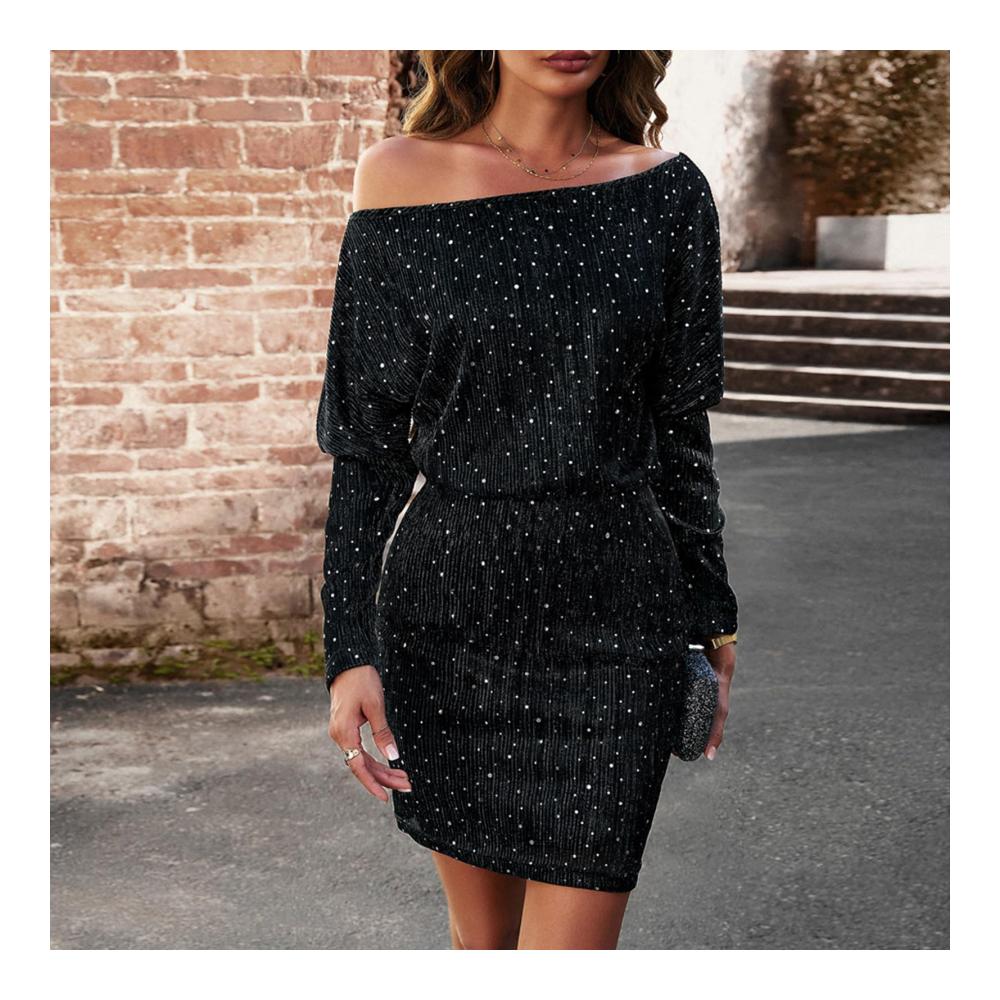 Party Glitzer Kleid Damen - Elegantes Langarm Bodycon Paillettenkleid mit Schulterfrei-Design - Enges Minikleid für Damen - Vintage Cocktailkleid für festliche Anlässe