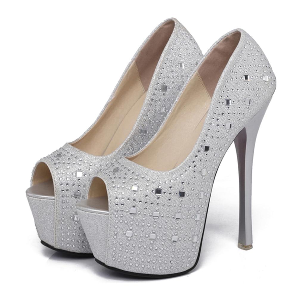 Sexy Super High Heel Peep Toe Pumps mit Acryl-Diamanten im Römischen Stil - 16 cm Nachtclub Party Hochzeit Damenschuhe