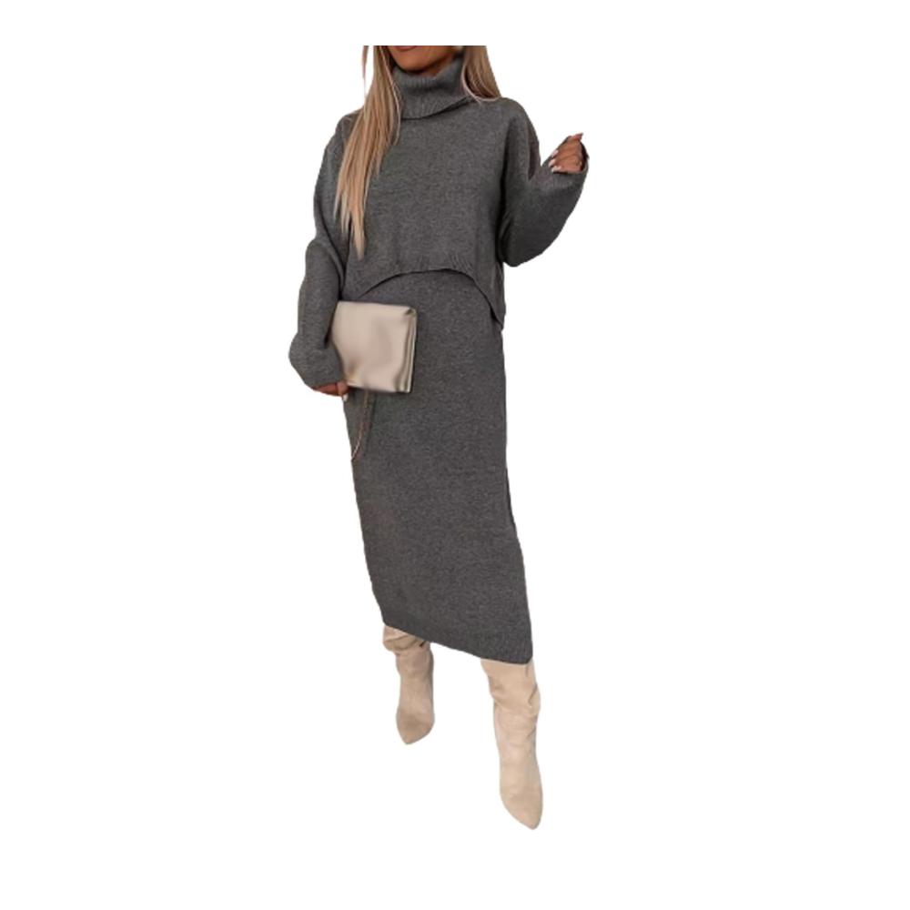 Midi Dress and Turtle Neck Sweater Set - Womens 2 Piece Outfit with Long Sleeve High Neck Knit Top and Bodycon Sweater Dress