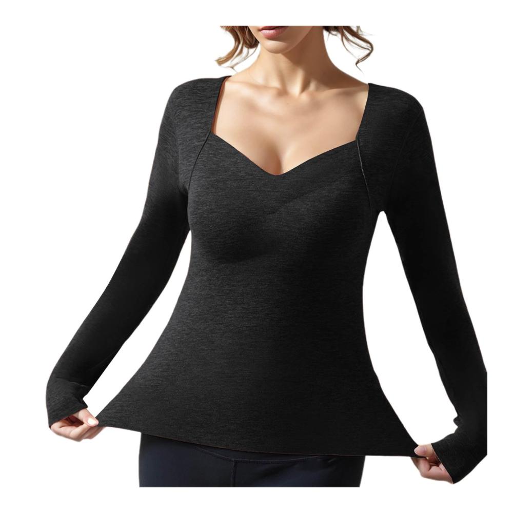 Damen Thermo-Unterhemd mit V-Ausschnitt und Langarm - Warmes Fleece Shirt für Herbst und Winter - Thermounterwäsche mit Innenfleece - Thermooberteil als Pullover Base Layer - Mädchen Basic Slim Fit Top für maximale Wärme