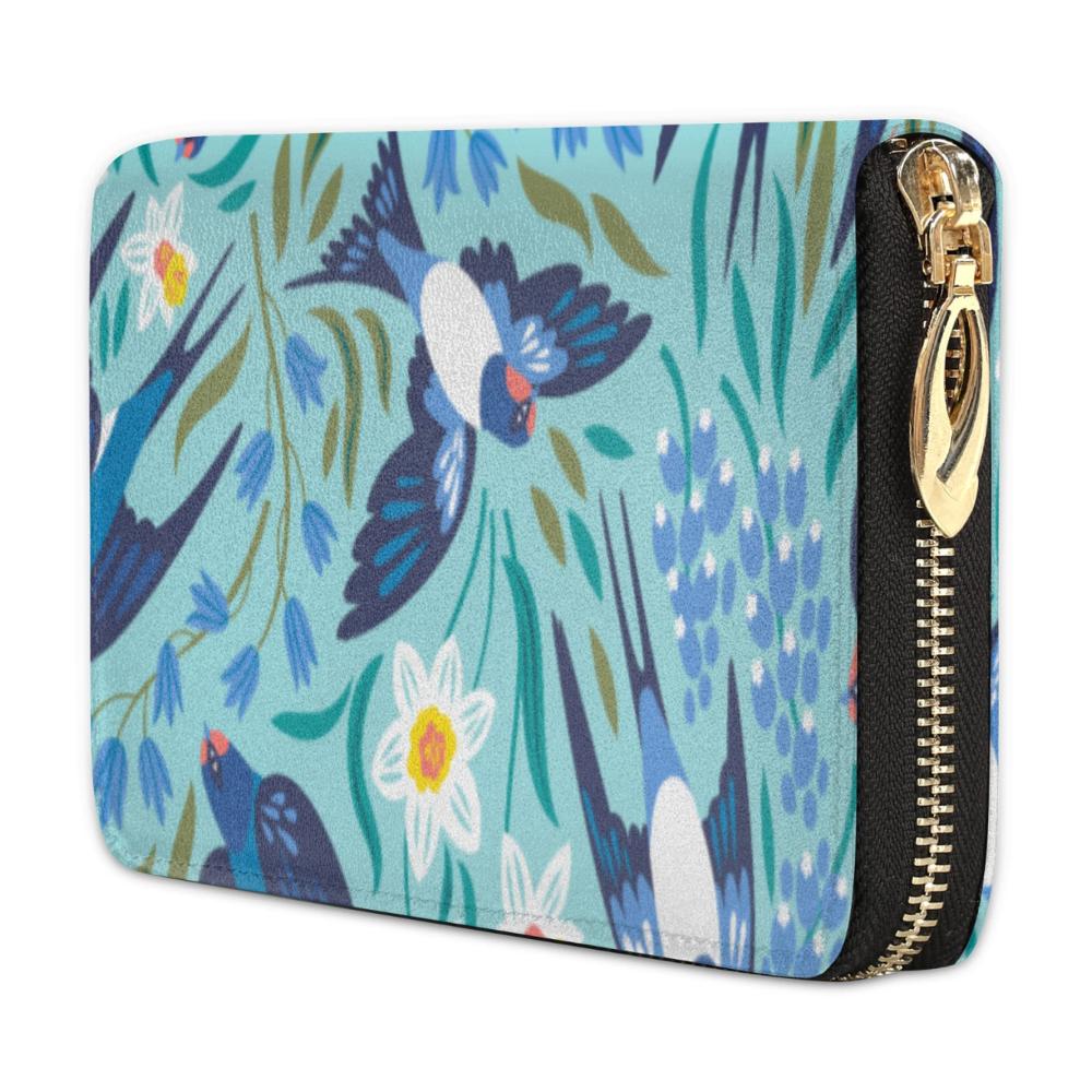 Damen Geldbörse mit Vogel- und Blumenmuster Leder Clutch für Frauen - Große Kreditkartenbörse Münzgeldbörse Kartenetui mit Reißverschluss und Telefonfach - Farbig bedruckt schmale Gold-Multi Geldbörse
