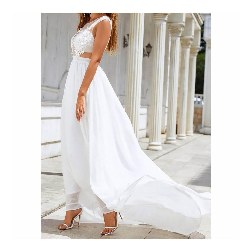 Exquisite Weiße Brautkleider Chiffon-Spitze Schlitz-Design Perfekte Brautjungfernkleider und Abschlussballkleider mit Langer Schleppe für die anspruchsvolle Braut