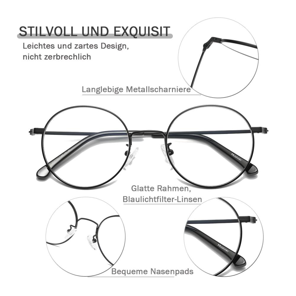 Blaulichtfilter Brille Damen Herren - Metallrahmen Rund Computerbrille ohne Stärke Blaufilter Brillenfassungen für gesunden Augenschutz