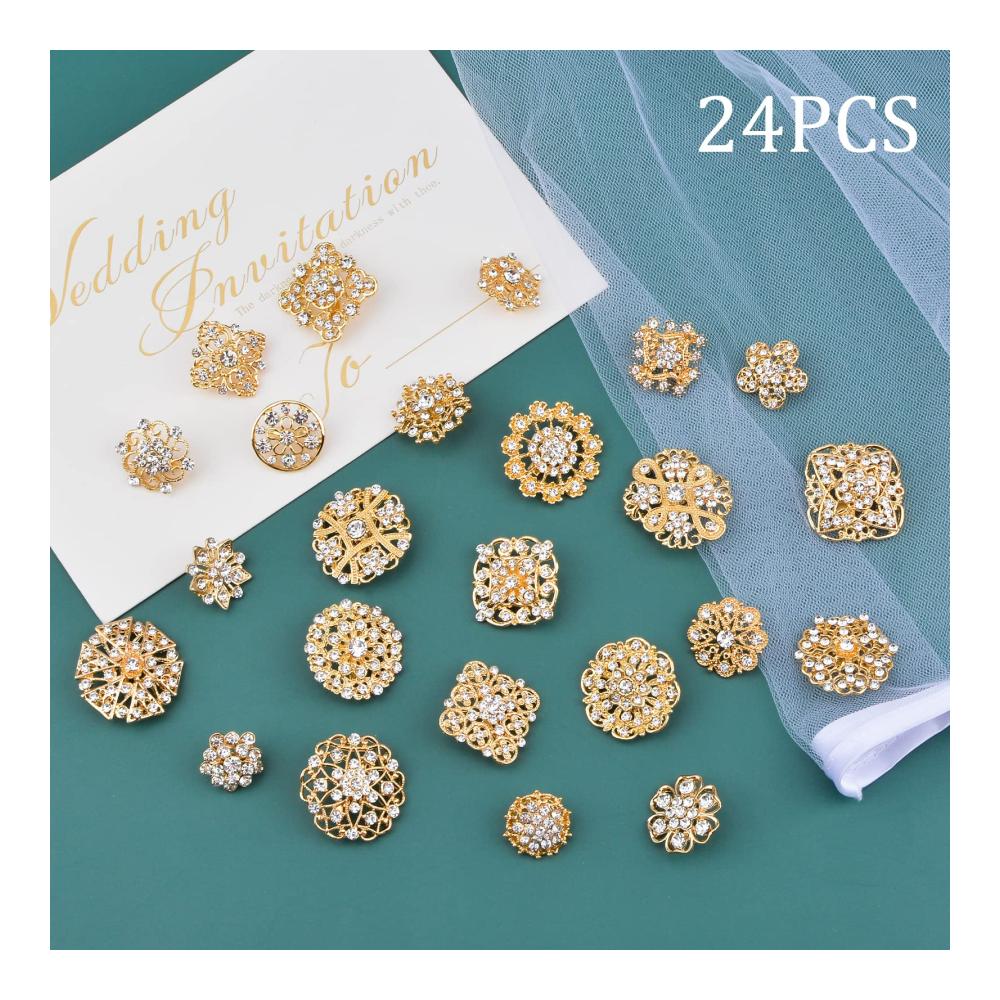 Strass Kristall Broschen Set - 24 Stück Goldplattierte Blumen-Pins für Damenbekleidung Hochzeit Dekor - Corsage Blumenstrauß Anstecknadeln in Sortiment