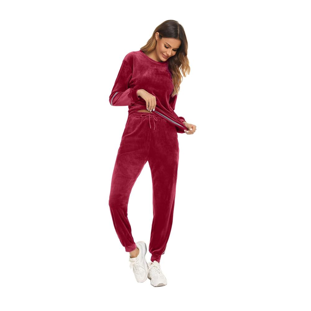 Damen Velours Schlafanzug mit Paillettenbündchen - Samtweicher 2-teiliger Freizeitanzug Langarm Pullover mit Rundhals und Gummizug Hose inklusive Tasche