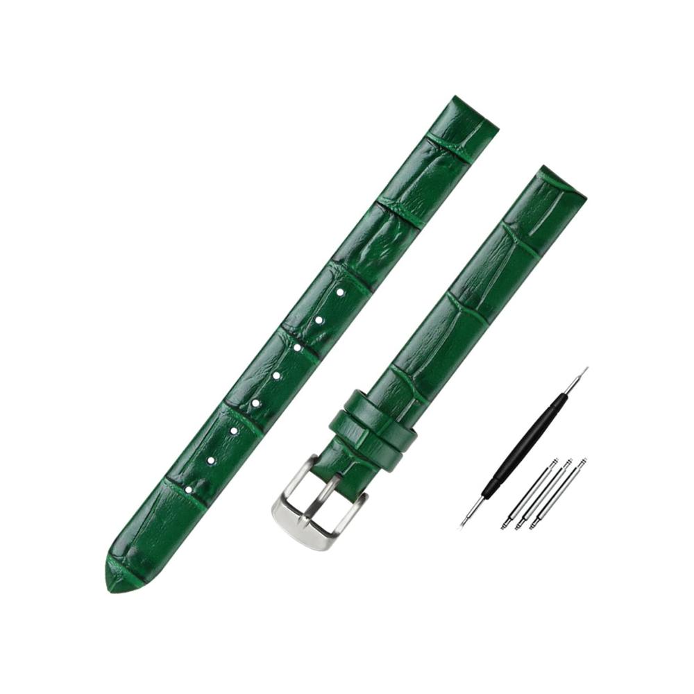 Uhrenarmband aus echtem Leder - Hochwertiges 10mm Ersatzarmband für Damenuhren in Grün mit Silberner Schnalle