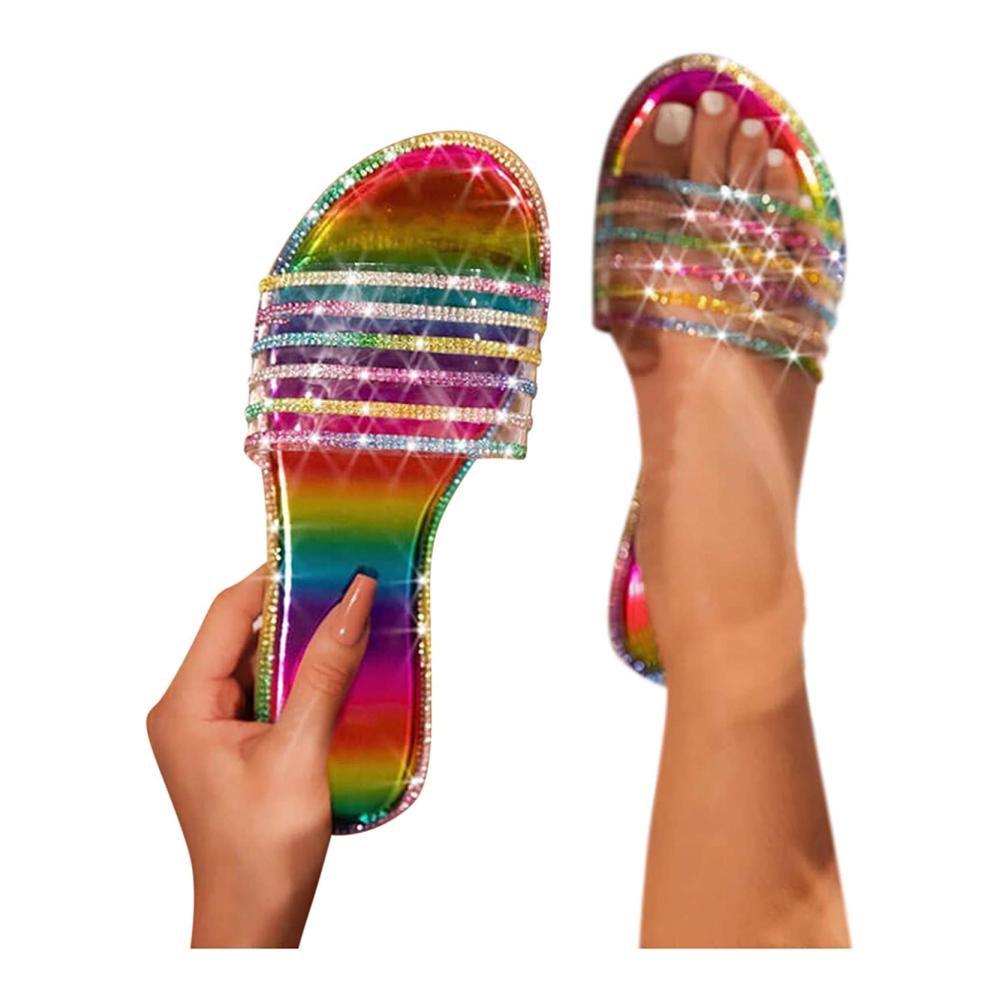 Damen-Sommer-Sandalen Bequeme Kristallschuh-Flats für modische Anlässe Retro Flipflops mit Knöchelriemen für Strand und Reisen (Multicolor