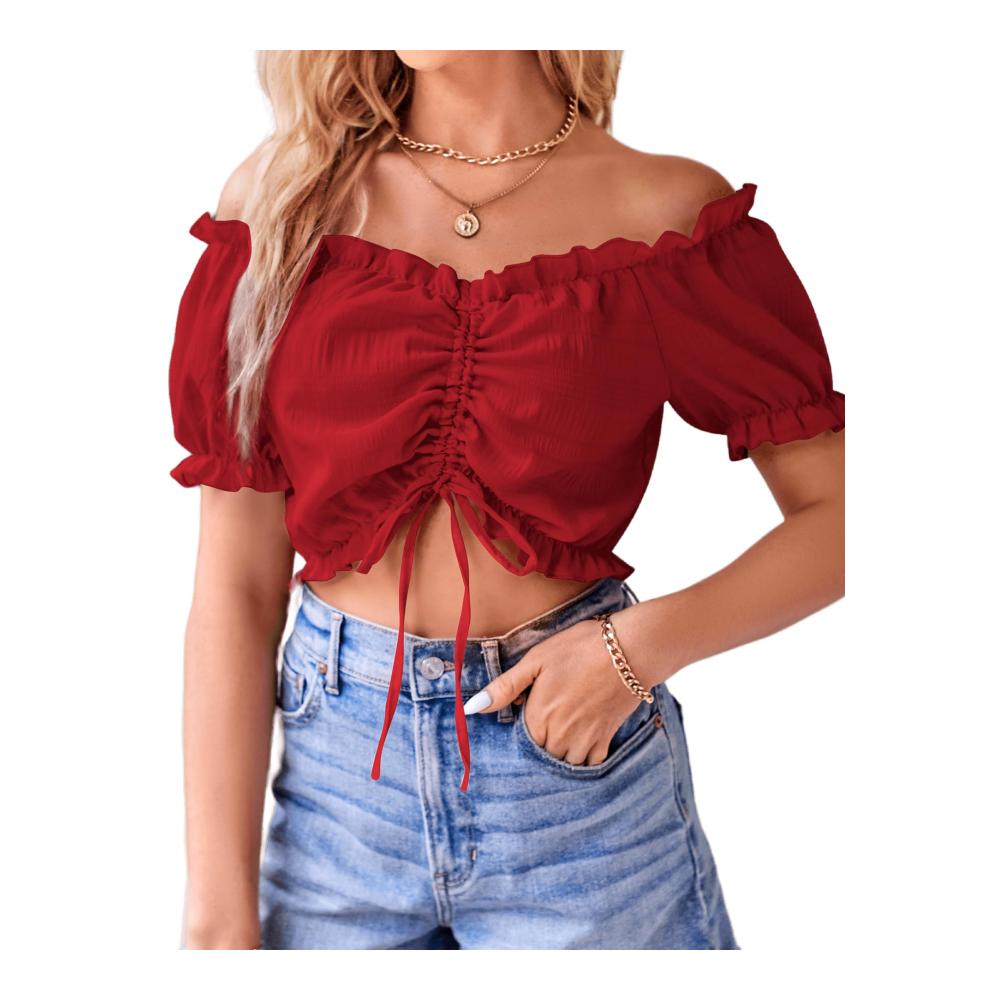 Blusen & Tuniken VIDUSSA Damen Sexy Schulterfreies Crop Top mit Puffärmeln V-Ausschnitt und verkürztem Schnitt - Stilvolle Damenbluse