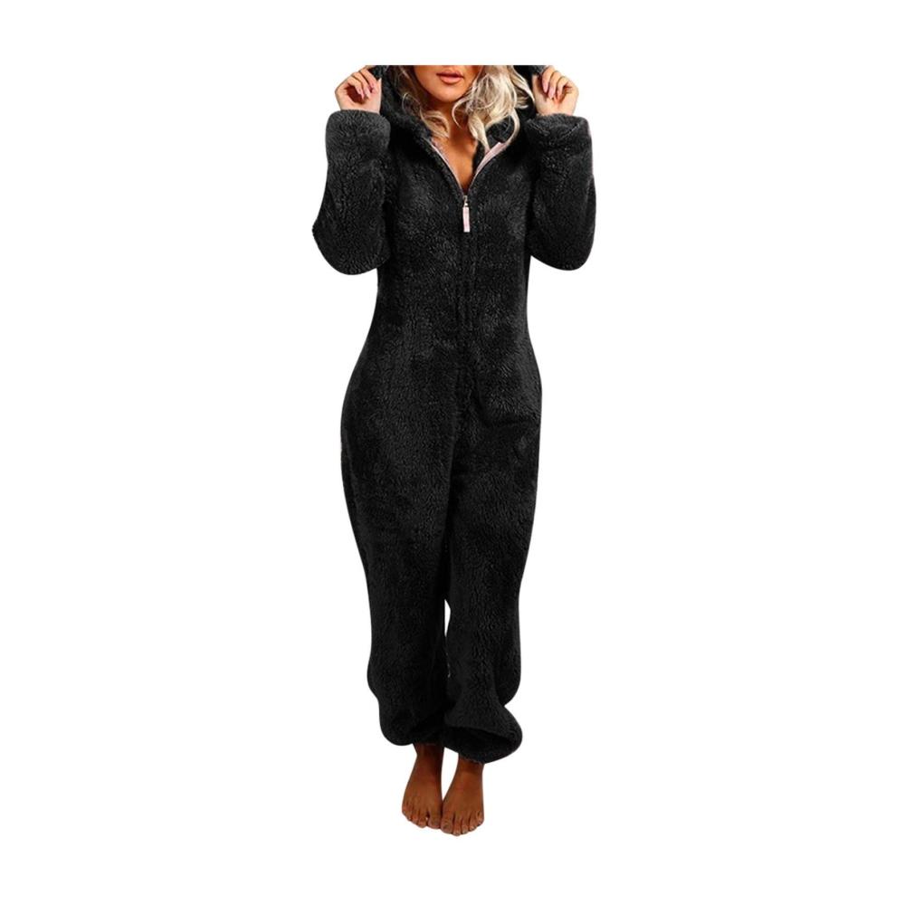Winterlicher Damen Jumpsuit mit Teddy Fleece | Kuscheliger Einteiler Onesie Schlafanzug | Langärmliger Pyjama mit Kapuze und Reißverschluss | Gemütlicher Schlafoverall für Zuhause | Flauschig weich und einfarbig