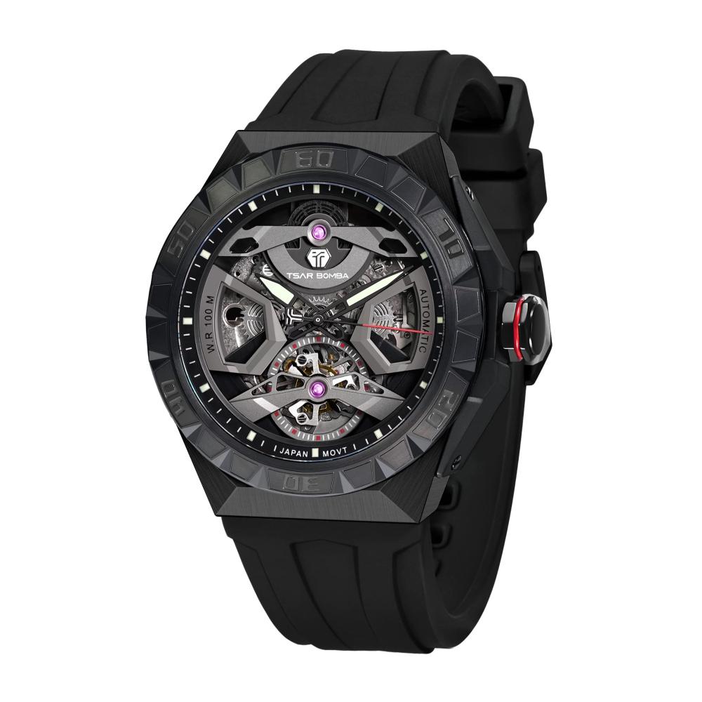 Automatik Armbanduhr für Herren – TSAR BOMBA Tonneau Skelettuhr 100M wasserdicht Fluorkautschuk Armband Edelstahl Saphirglas Mechanisch Schwarz Achteckig Männer Analoguhr
