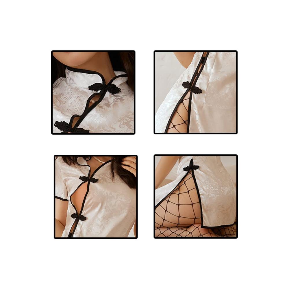 Chinesisches Cheongsam Babydoll Set Sexy Bodycon Kleid & Dessous Bodysuit mit Tanga - Clubwear & Nachtwäsche für verführerisches Cosplay