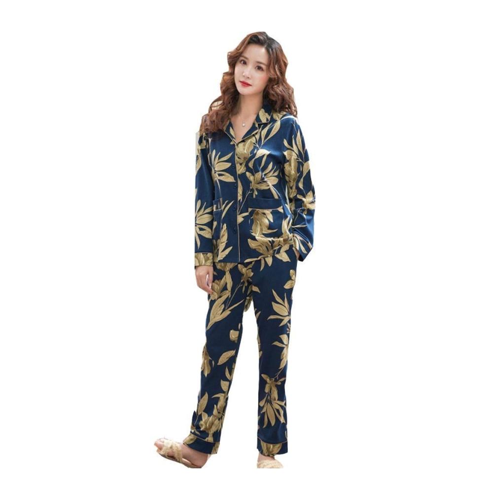 Damen Baumwoll-Pyjama Set Loungewear mit Knopfkragen geometrischem Druck für warme Nächte im Frühling und Herbst