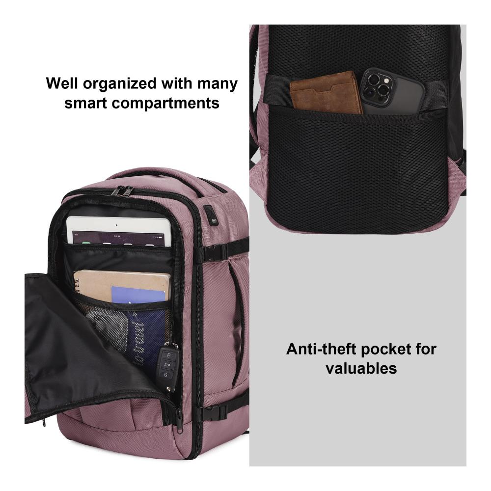 40x20x25 Ryanair Handgepäck Rucksack - Wasserdichter Tagesrucksack Damen Klein mit USB-Ladeanschluss 13 Taschen PET-Recycelt Umweltfreundlich - Reiserucksack Flugzeug Carry-on für Travel (20L) - Rosa
