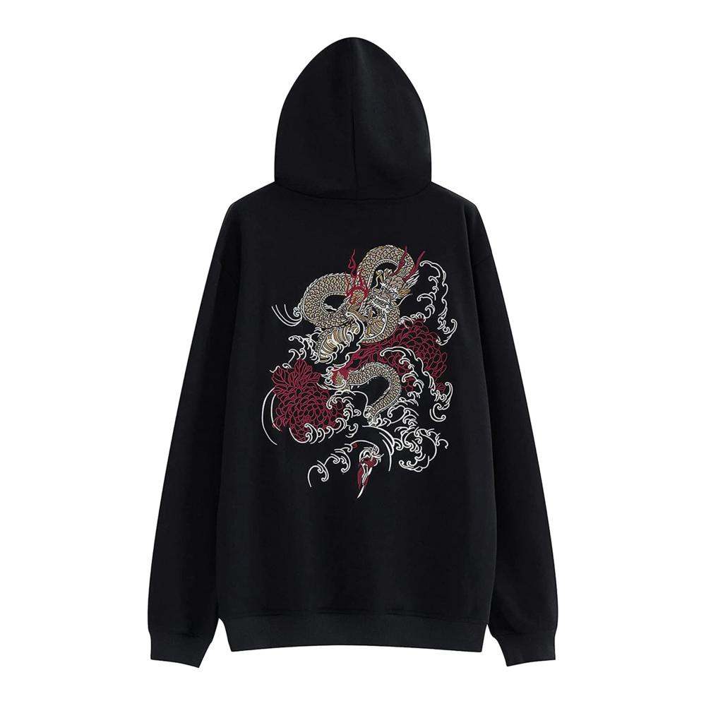 Bestickter Dragon Hoodie mit japanischem Streetwear-Stil für Herren – XYXIONGMAO Techwear Sweatshirt mit Schwarzem Hip Hop Grafik-Hoodie