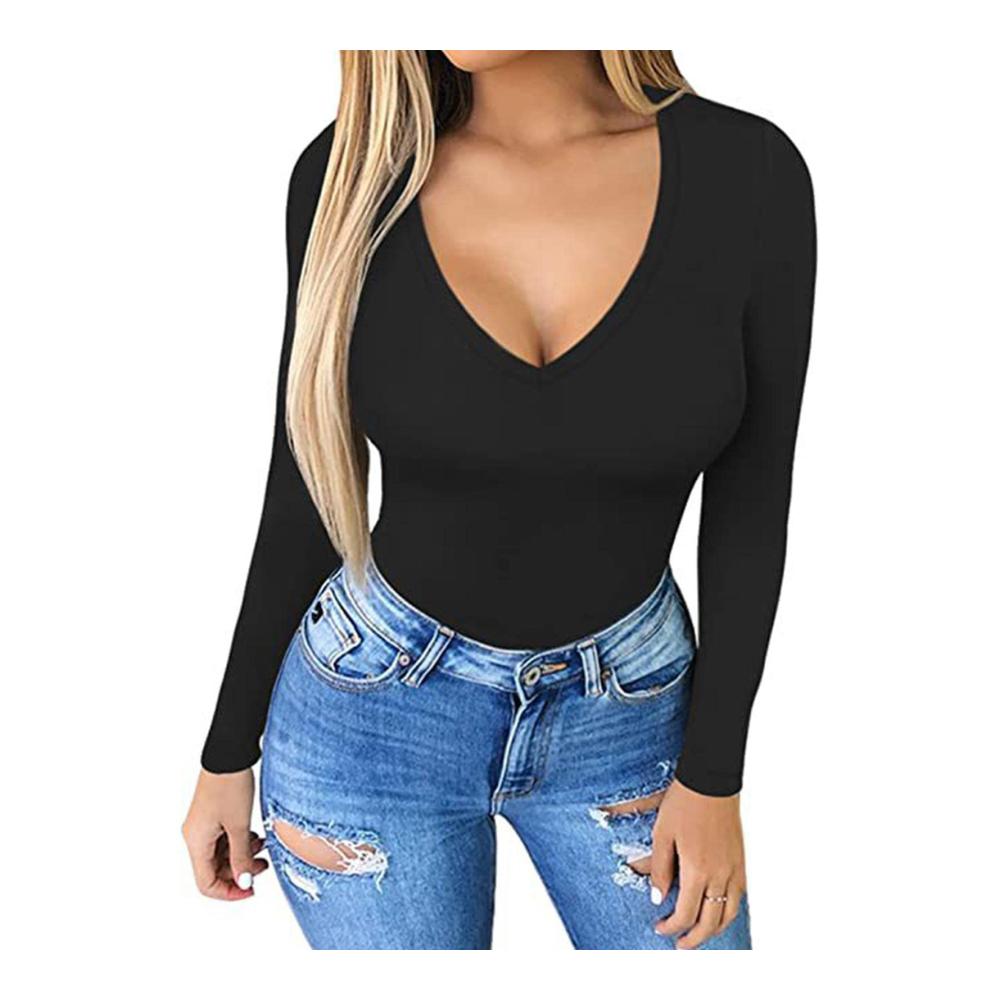 Schwarzer Damen-Bodysuit Figurbetonter V-Ausschnitt Langarm-Trikot für den Winter
