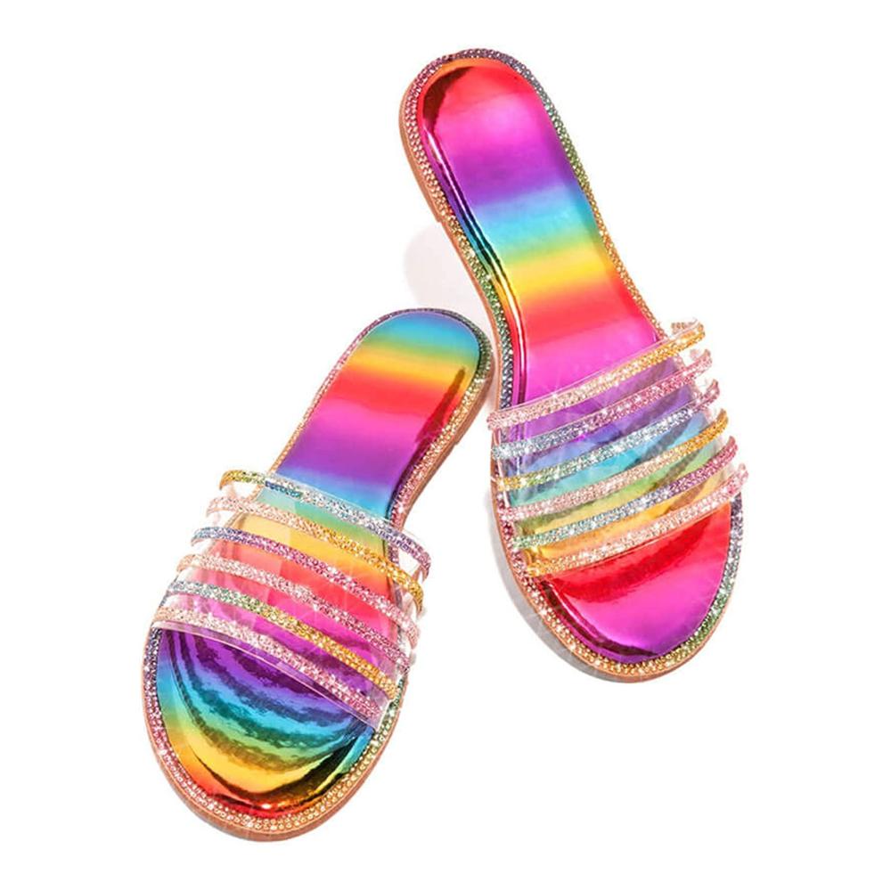 Damen-Sommer-Sandalen Bequeme Kristallschuh-Flats für modische Anlässe Retro Flipflops mit Knöchelriemen für Strand und Reisen (Multicolor