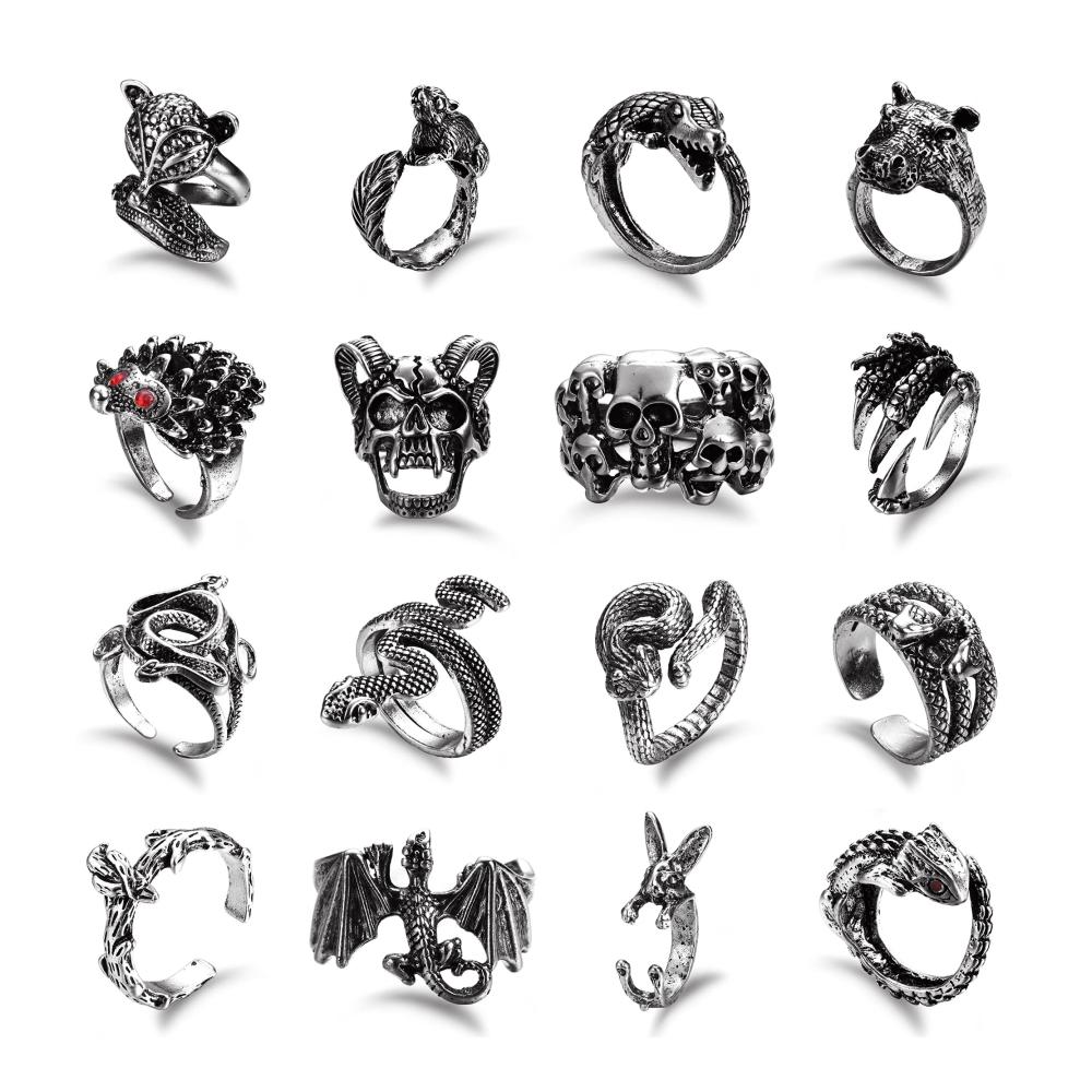 Gothic Punk Ringe Set - 20 Stück Silber Einstellbare Animal Designs - Cool Statement Stapelringe für Männer und Frauen - Frosch Schlange Schmetterling Spinne - Y2K Zubehör