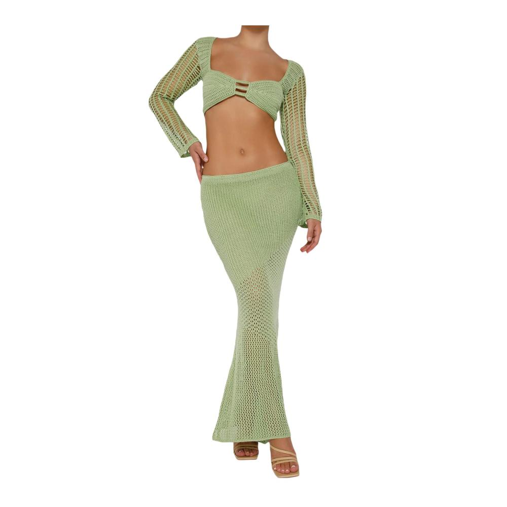 Elegantes 2-teiliges Damen Strickrock-Set - Hohe Taille bauchfreies Top & lange ärmel Perfekt für angesagte Häkel-Maxiröcke