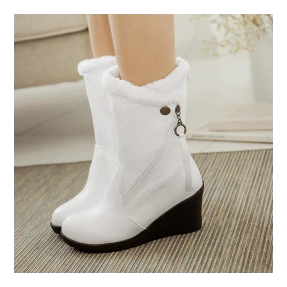 Damen Keilstiefel Wasserdichte Halbhohe Stiefelette mit Runder Zehe Slip-On Design Pelzbesatz Winterfutter - Ideale Damen Winterstiefel für Schnee und Kälte