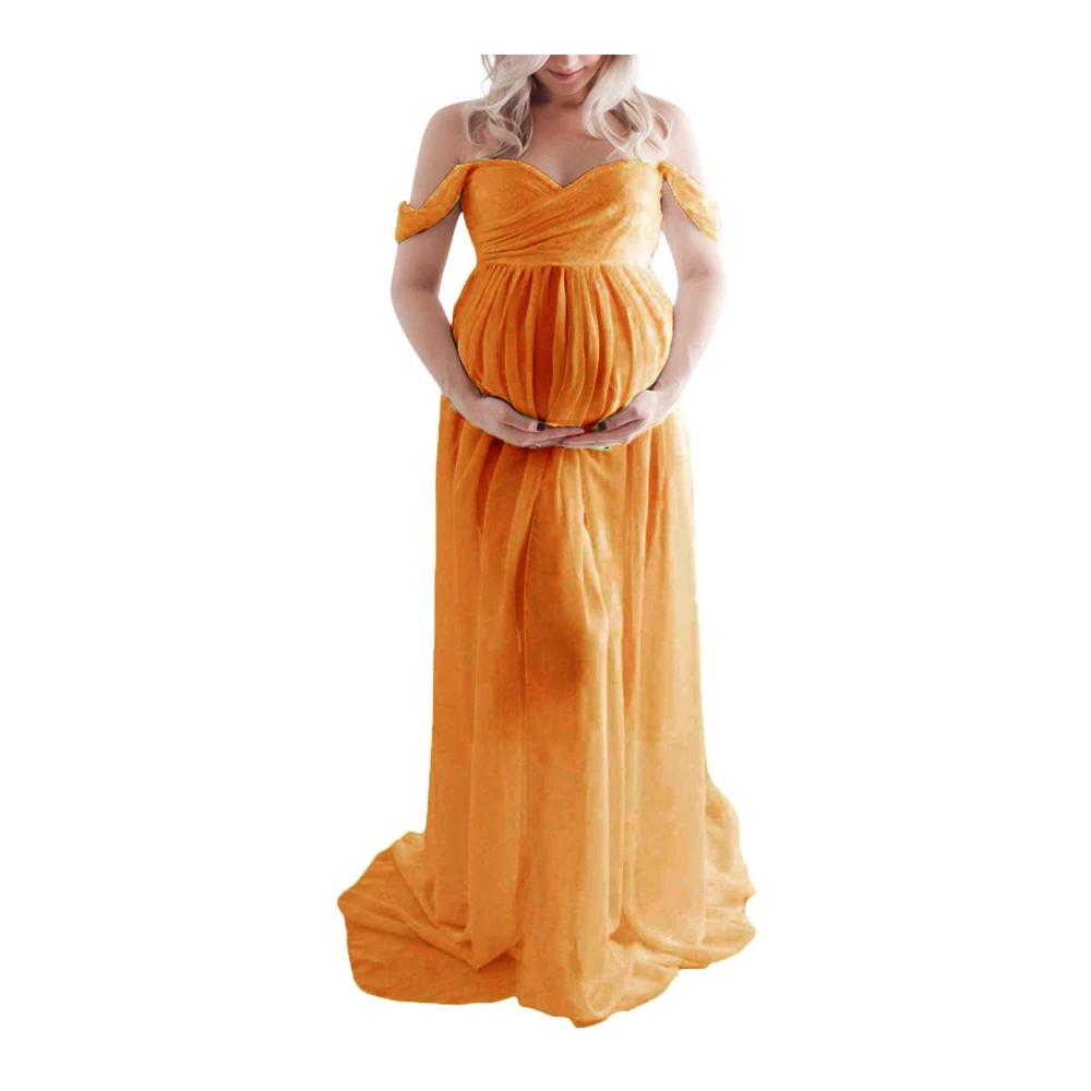 Umstandskleid QREXVOG Damen - Elegantes Off-Shoulder Tüll Maxikleid mit Schlitz für Schwangerschaftsfotoshootings
