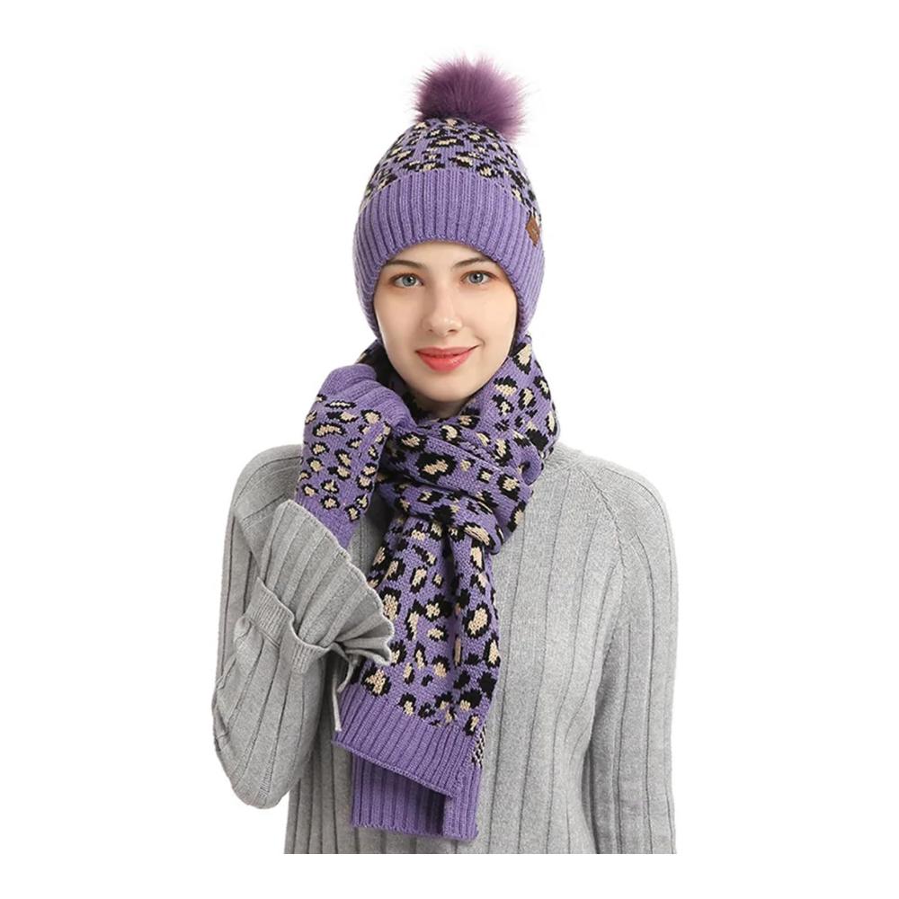 Leopardenmuster Damen Strickmütze Schal & Handschuh-Set - Warmes Winteraccessoire für Frauen - Geschenkidee