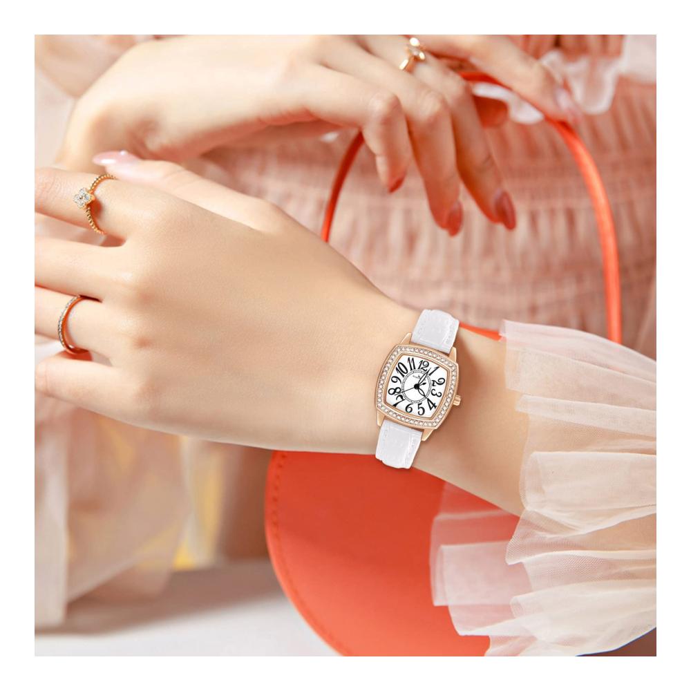 Damen Quarz Armbanduhr mit Quadratischem Steinbesatz und Lederarmband - Zeitlose Eleganz für jeden Anlass