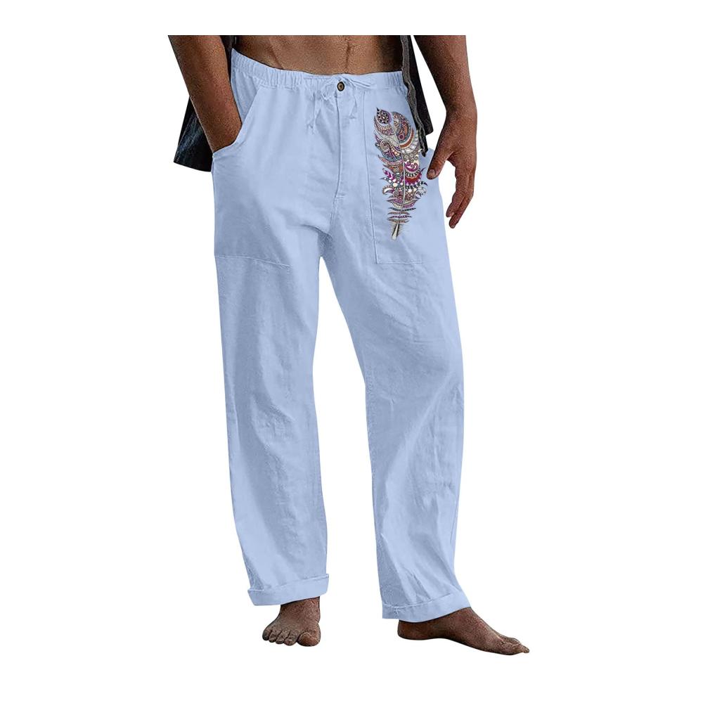Herren Jogginghose Bequeme Baumwoll-Leinen Sommerhose mit Kordelzug Taschen und Knopfverschluss – Lässige lockere Lange Urlaubshose