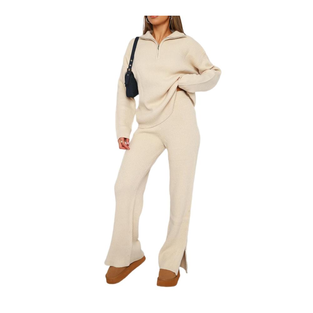 Damen Lounge Set Langarm Strickpullover & High Waist Freizeithose - Zweiteiliger Strickanzug für gemütliche Loungewear und Jogging