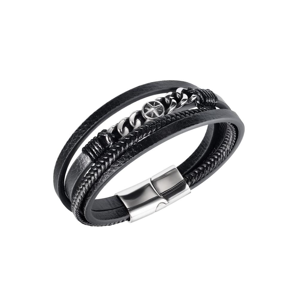 Kompass Wickelarmband Geflochtenes Schwarzes Leder mit Edelstahl-Kompass - Breites Armband für Männer mit Magnetverschluss