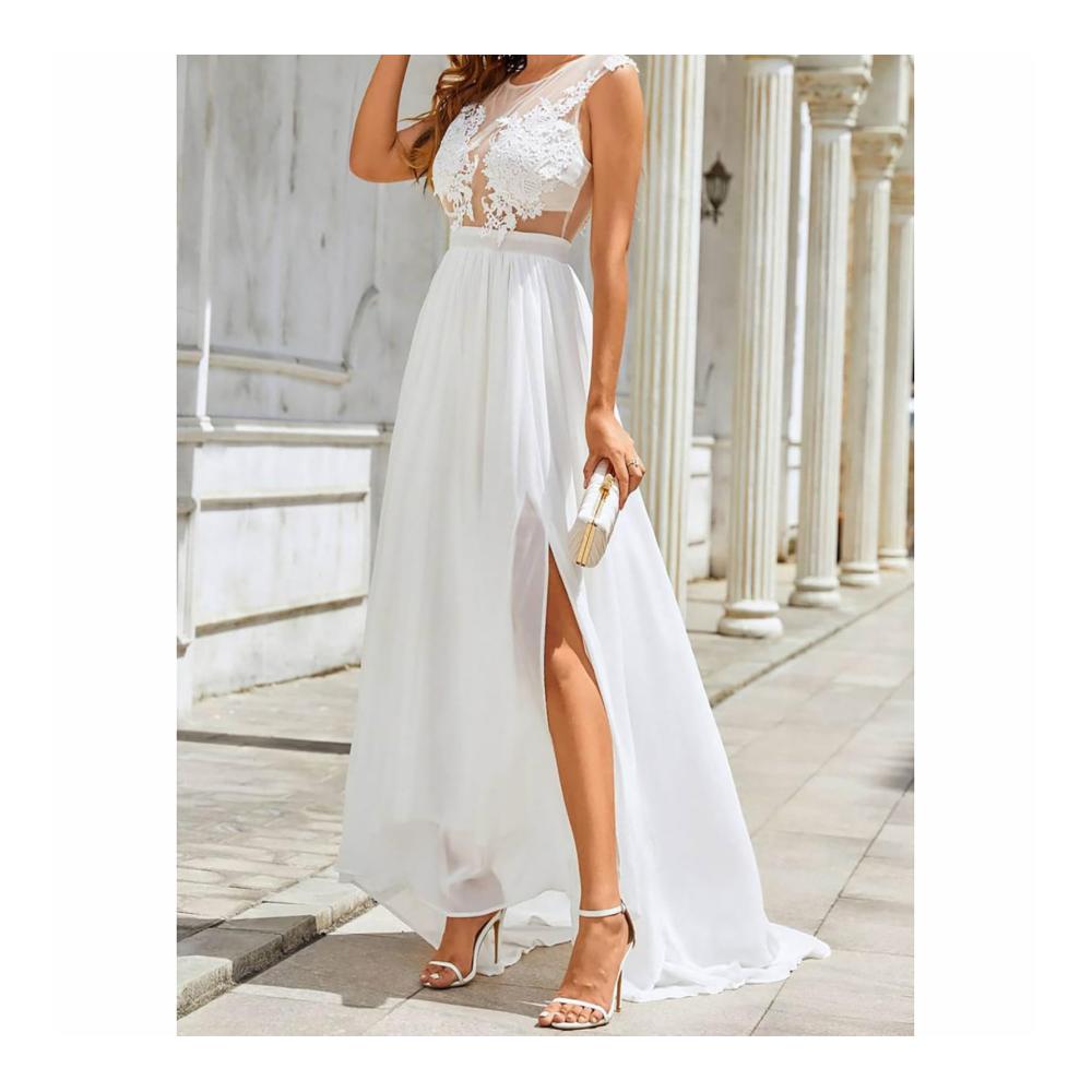 Exquisite Weiße Brautkleider Chiffon-Spitze Schlitz-Design Perfekte Brautjungfernkleider und Abschlussballkleider mit Langer Schleppe für die anspruchsvolle Braut