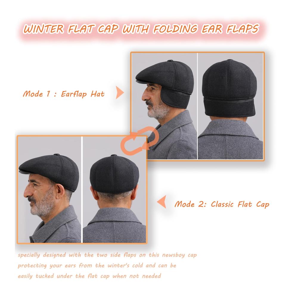 Winter Schirmmütze für Herren mit Ohrenklappen Wollmischung Newsboy Hut Derby Tweed Stil Gatsby & Flatcap Design - Ideale Herren Mütze für Jagd Golf & Outdoor