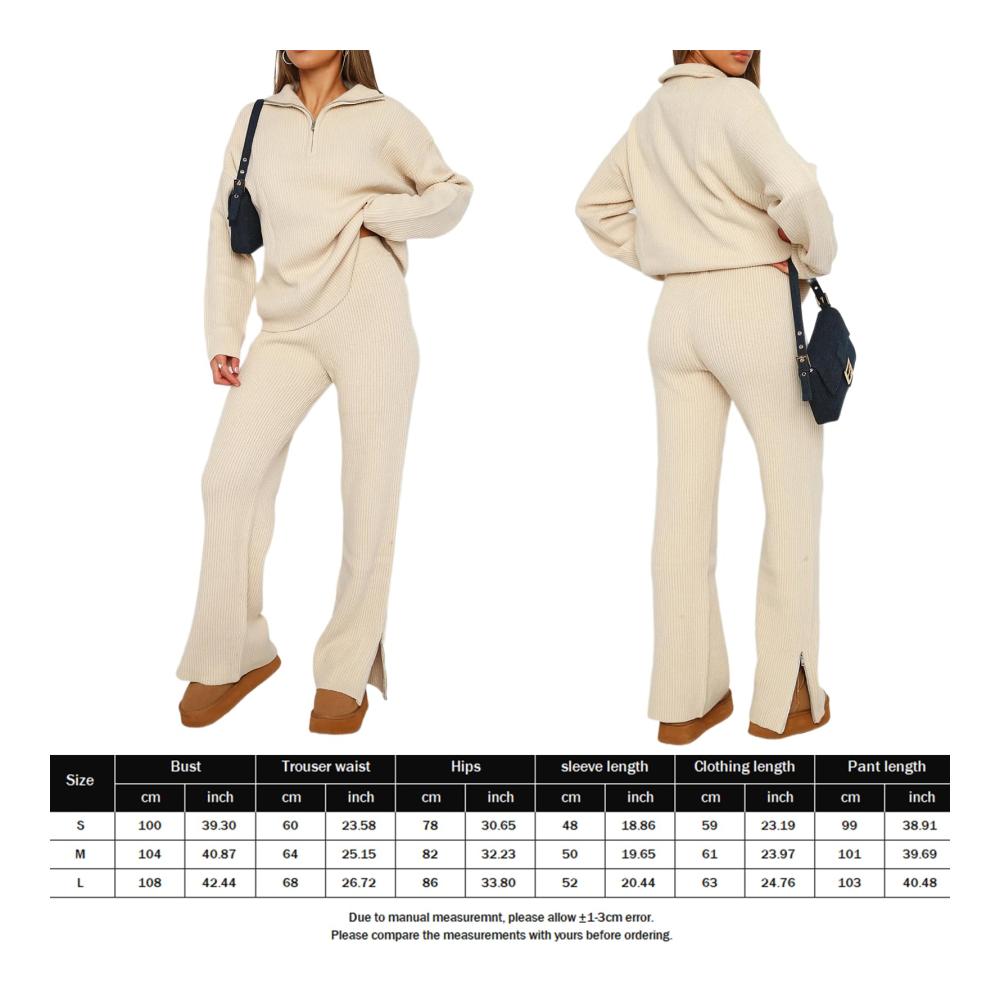 Damen Lounge Set Langarm Strickpullover & High Waist Freizeithose - Zweiteiliger Strickanzug für gemütliche Loungewear und Jogging