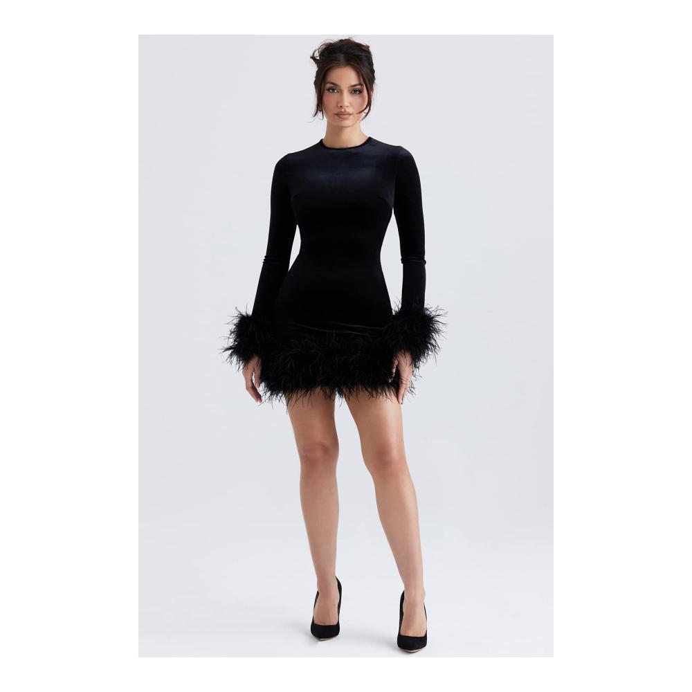 Winter Party Damenkleid mit Samt Federn und Langarm | Sexy Clubwear Minikleid Y2K Style | Patchwork Bodycon Abendkleid kurz