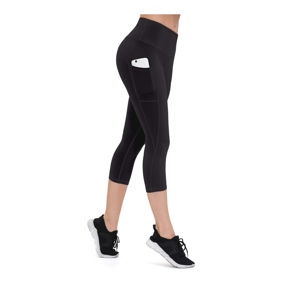 Damen Capri Leggings mit Handytasche Blickdichte High Waist Sporthose
