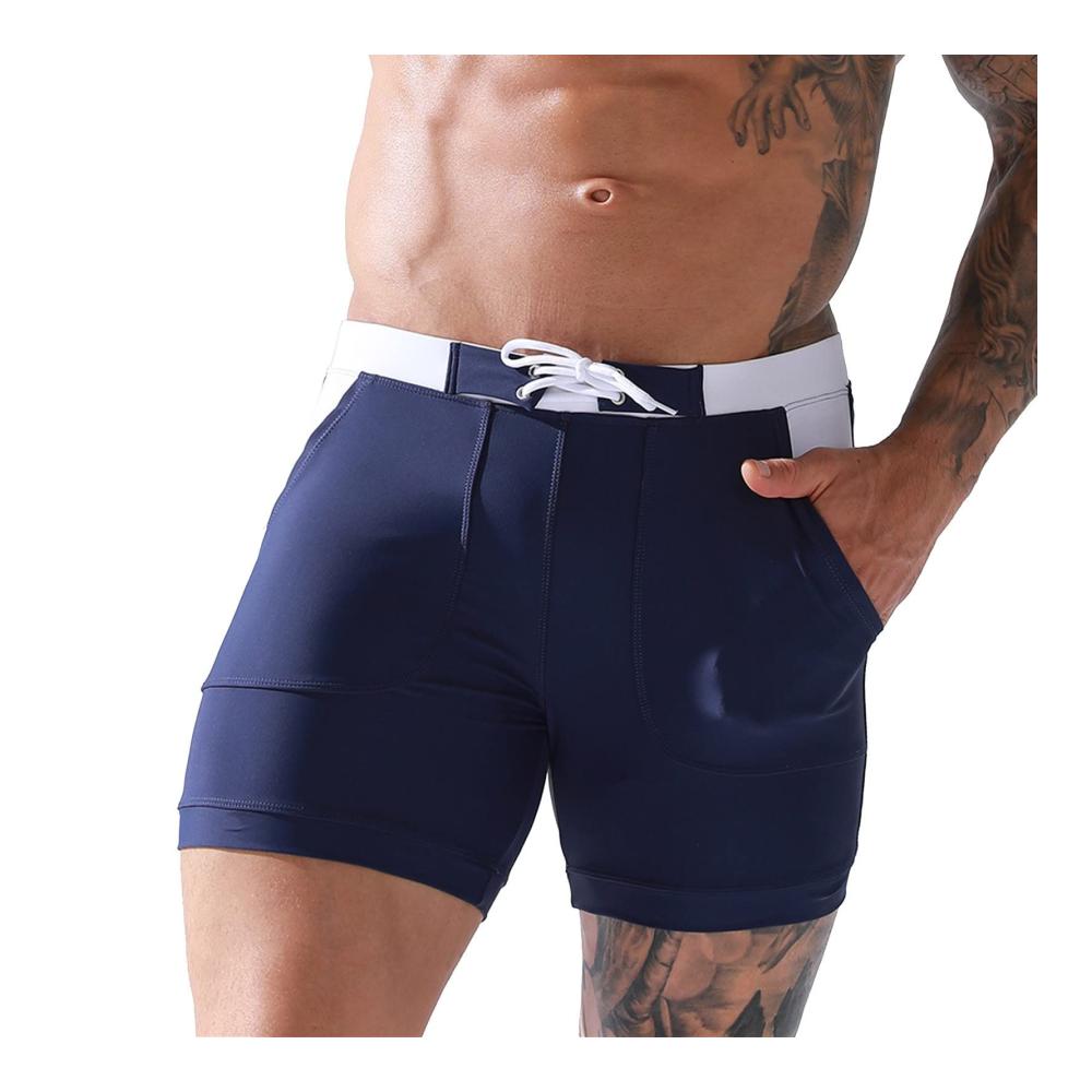 Herren-Badehose Lange Schwarze Doppellagige Strandshorts mit Viertelquadratecken und Schnürverschluss