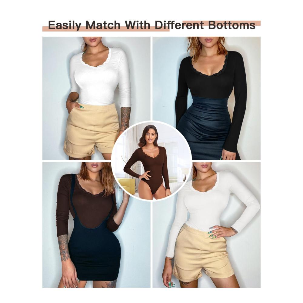Langarm Thermo Body Damen mit Spitze - Bequemer Fleece Bodysuit für Wärme und Eleganz
