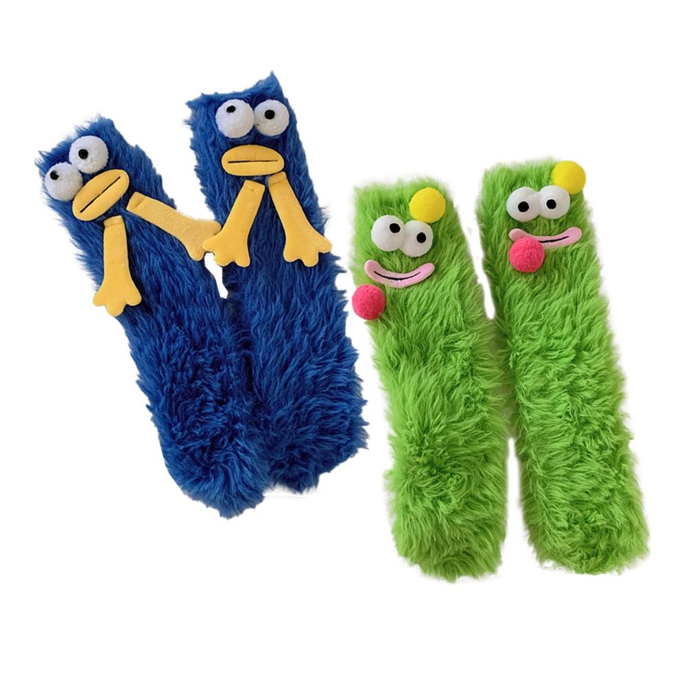 Mädchen Flauschige 3D Cartoon Stoppersocken - 2 Paar Keks-Monster Slipper Socken für Winterwärme