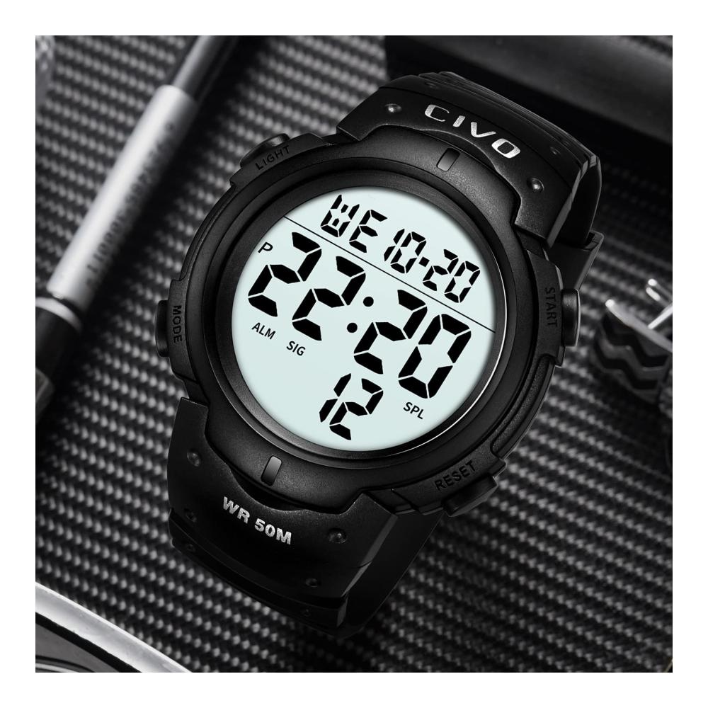 Digitale Sportuhr für Herren - Outdoor Armbanduhr mit 50M Wasserdichtigkeit Großem Wecker Kalender und Stoppuhr