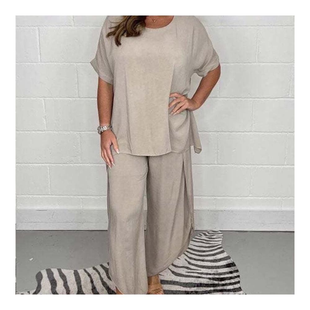 Elegante Damen Sommer Jumpsuits 2-teiliges Kurzarm-Hosenset mit Weitem Bein Elastischem Bund und Rundhalsausschnitt
