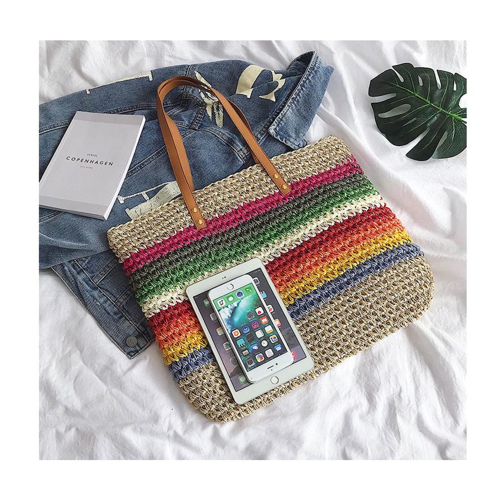 Sommer-Strandtasche Damen Bunte Stroh-Handtasche mit Ledergriffen Henkeltasche Crossbody und Bast - Einkaufstasche für stilvolle Shopper