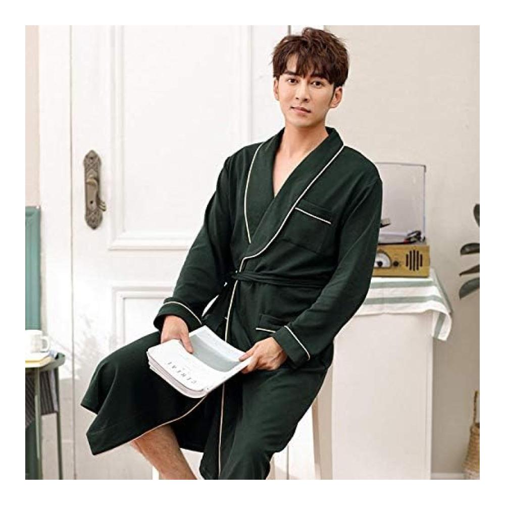 Herren Bademantel - Langärmeliges Baumwollpyjama-Nachthemd für Frühling & Herbst - Winterlicher Yukata in Dunkelgrün - Langer Bademantel aus Baumwolle Größe L