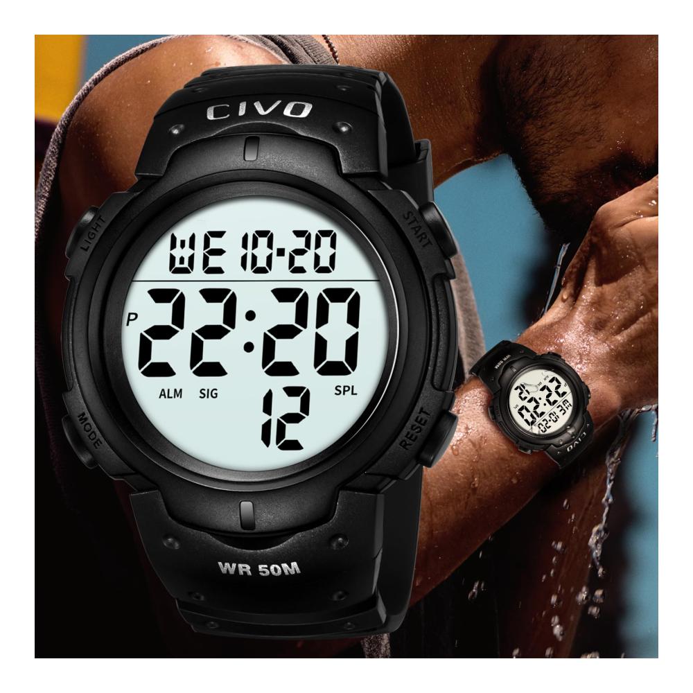 Digitale Sportuhr für Herren - Outdoor Armbanduhr mit 50M Wasserdichtigkeit Großem Wecker Kalender und Stoppuhr