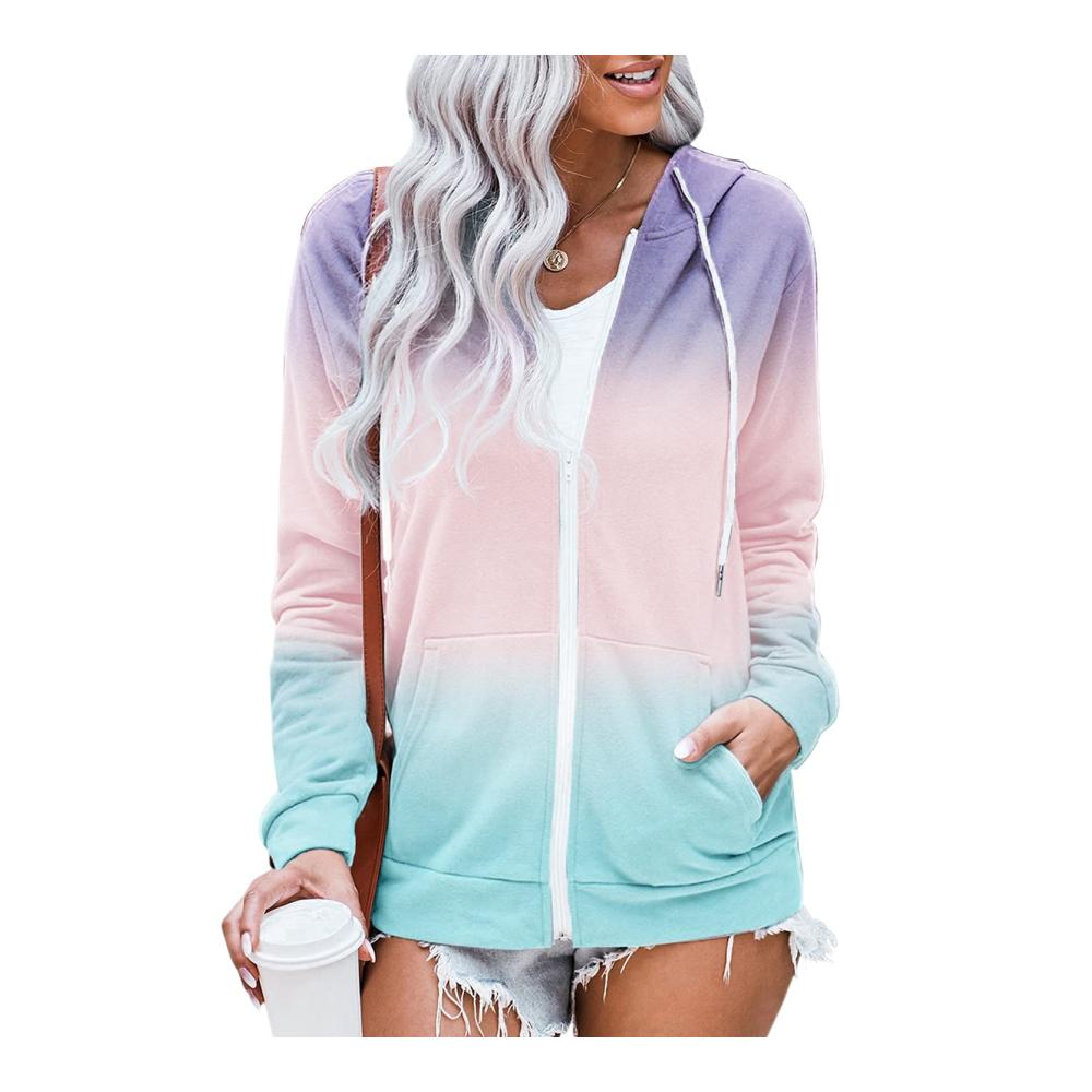 Damen Batik Hoodie mit Farbverlauf - Trendiger Y2K Zip Up Sweatjacke bedruckt Kapuzenpullover HVEPUO