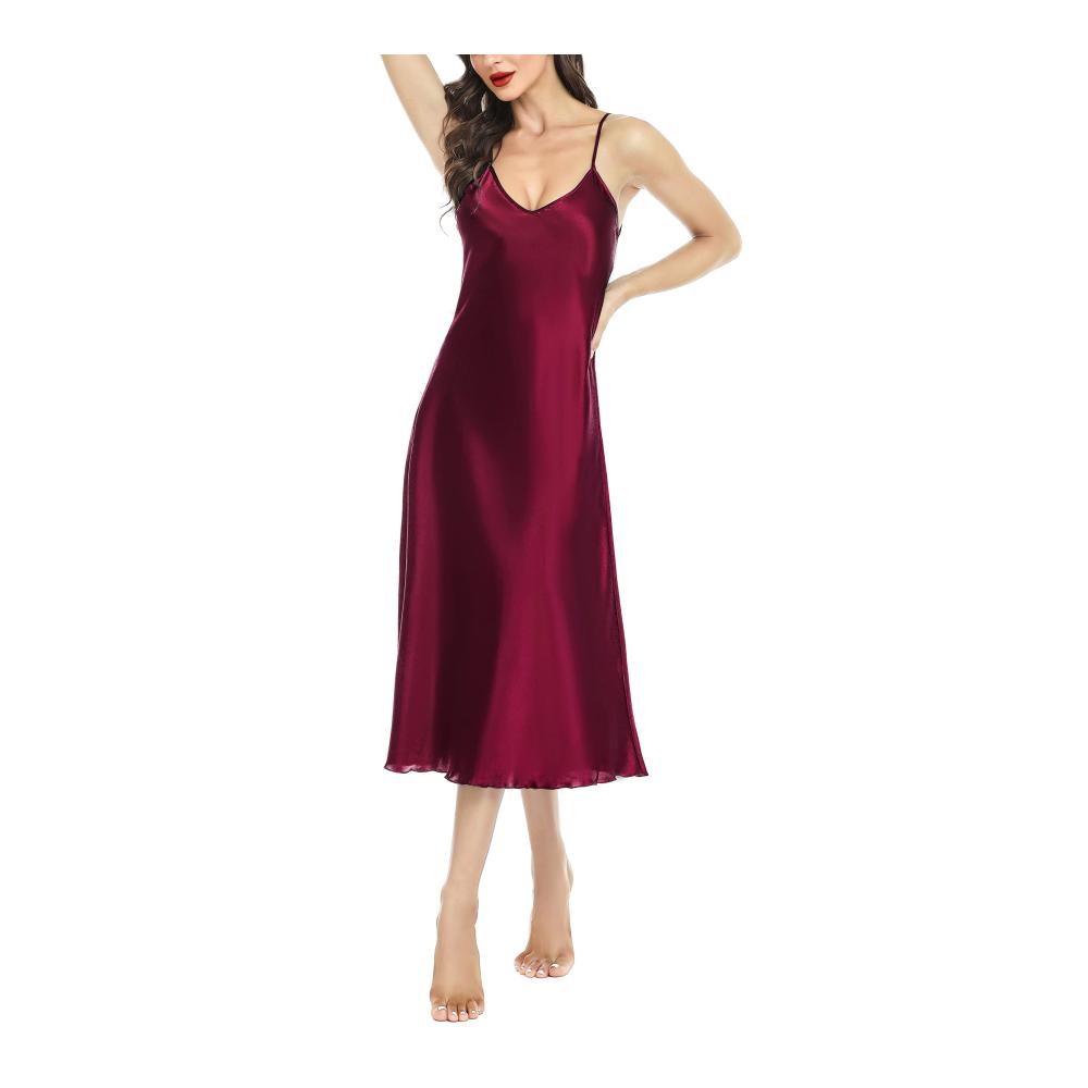 Sexy Satin Damen Nachthemd Lang mit Spaghettiträger V-Ausschnitt - Lovasy Negligee für Frauen