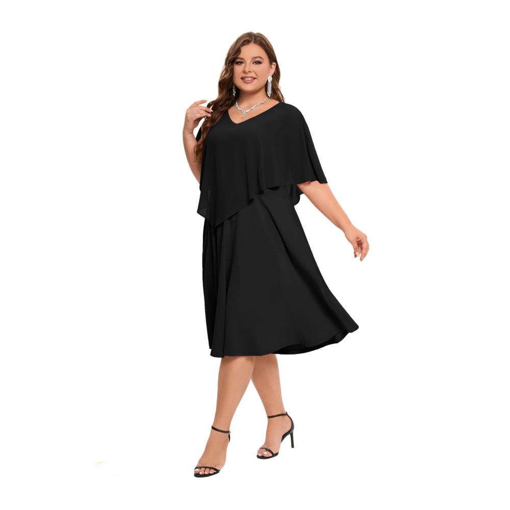 Chiffon Cocktailkleid Damen Große Größe | Elegantes A-Linien Abendkleid mit V-Ausschnitt und Overlay Knielang