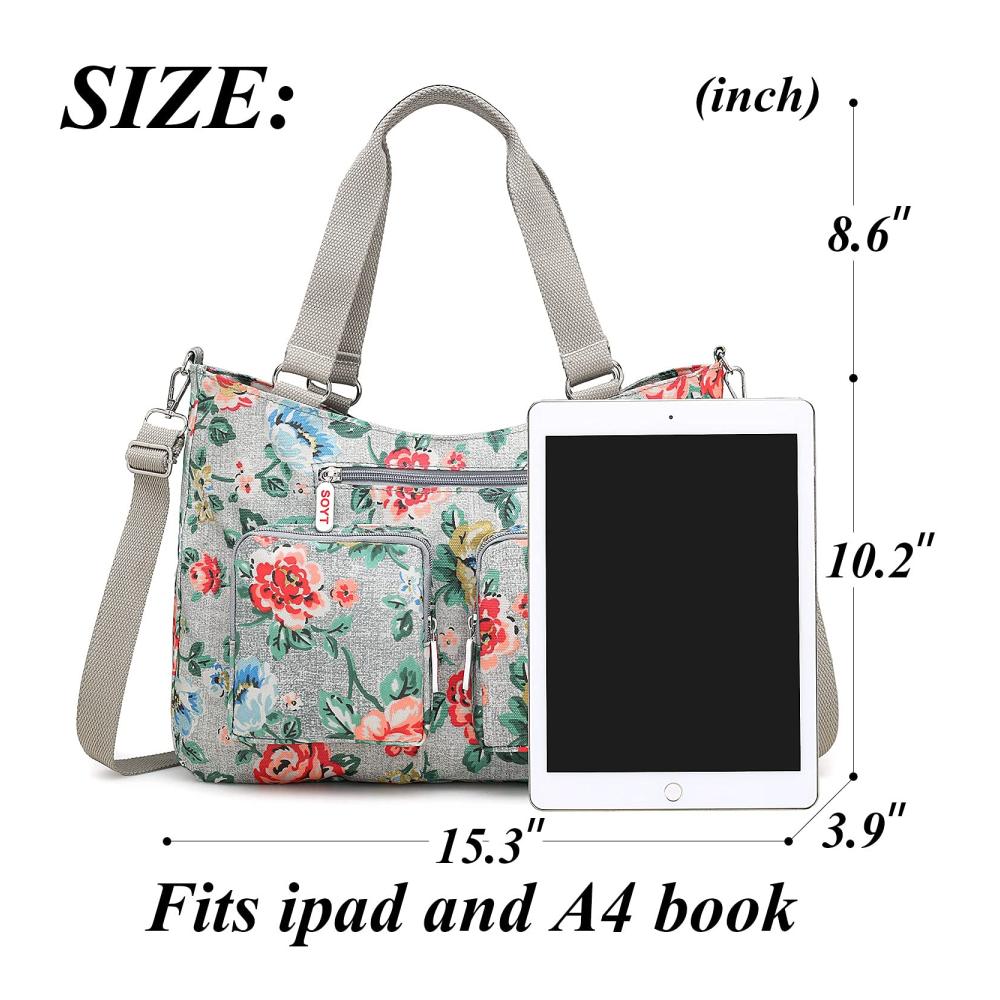 Große Damen Nylon Handtasche Wasserdichte Schultertasche mit Modemuster und Mehreren Taschen