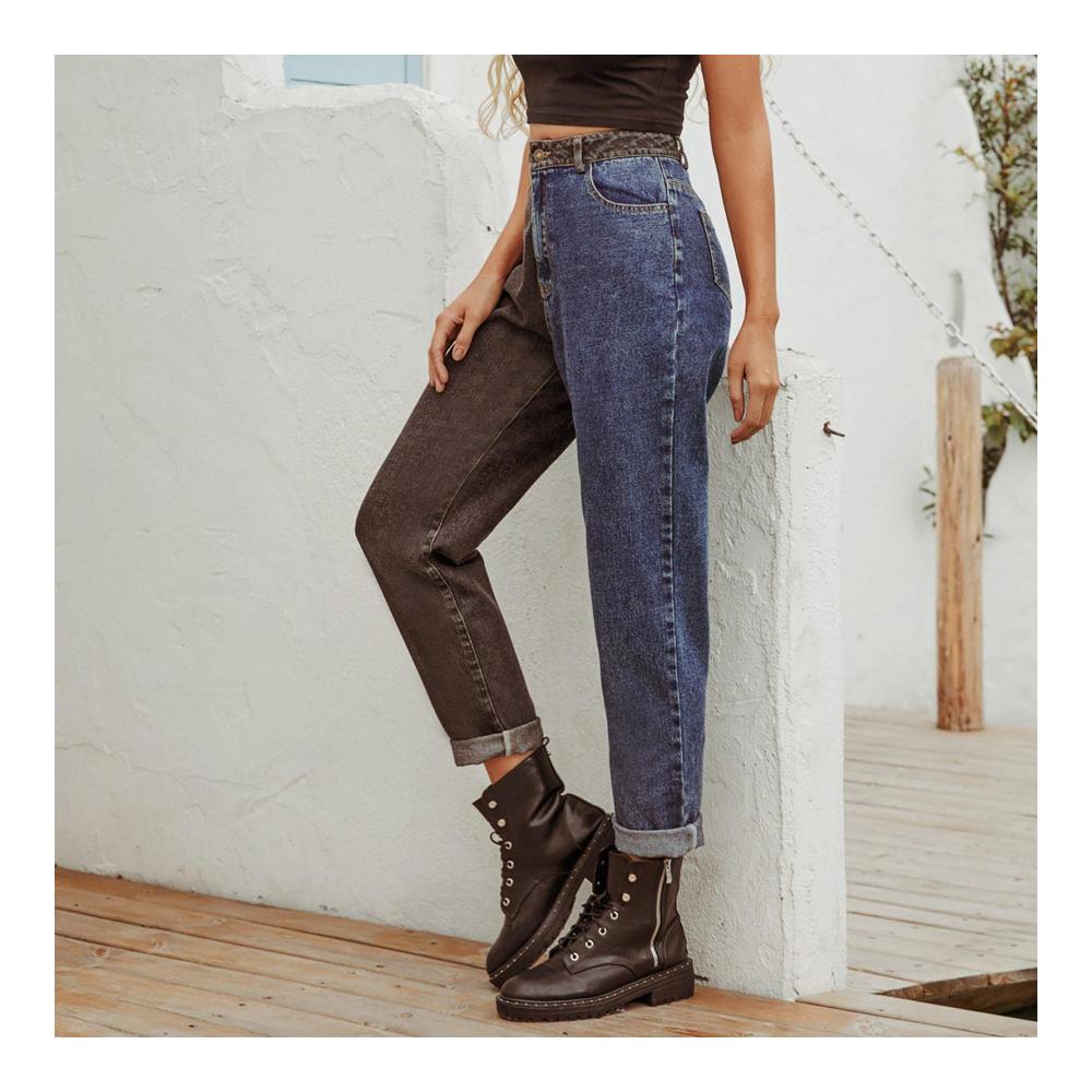 Damen High Waist Jeanshose - Straight Leg Instant Relaxed Fit in Schwarz-Blau Two Tone Denim