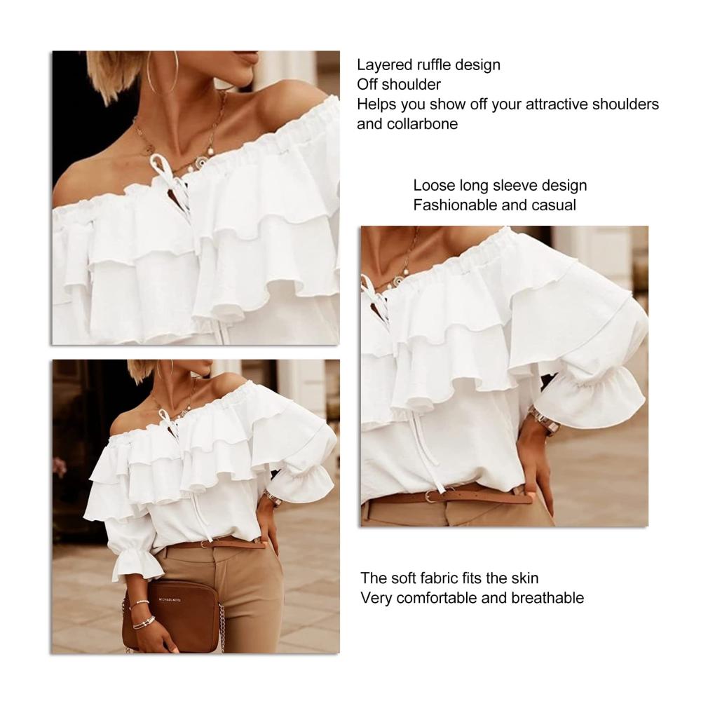 Damen Schulterfrei T-Shirts mit Geschichteten Rüschenärmeln und Rückenausschnitt - Elegante Weiße Blusen Tops