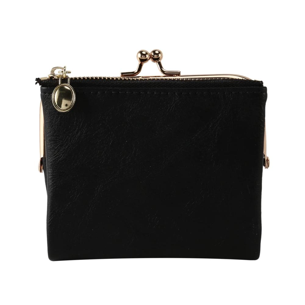 Damen Geldbörse Kurzformat Stilvolle Bifold Brieftasche mit Reißverschluss und Kiss Lock in Schwarz - Retro Design Multifunktional Geldbörse Damen