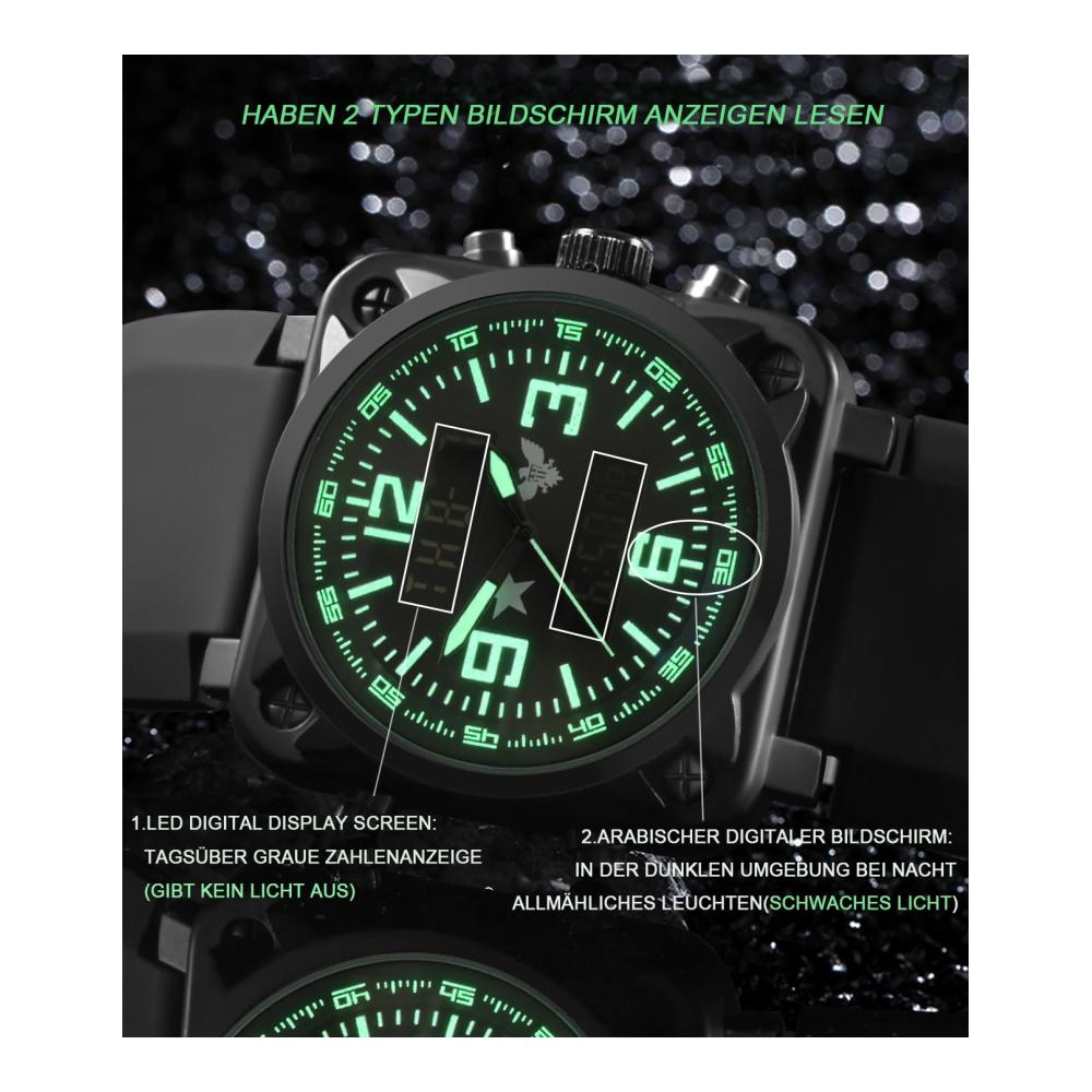 Digitale Herren Armbanduhr mit Timer Stoppuhr Alarm-Licht Quarz-Analoguhr - Multi-Funktionale Militäruhr mit Großem Zifferblatt